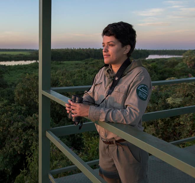 Carolina Alvarez, park ranger at Tres Gigantes Biological Station, a private nature reserve owned and managed by local conservation NGO Guyra Paraguay. Alto Paraguay, Paraguay. Photo by Jaime Rojo.
